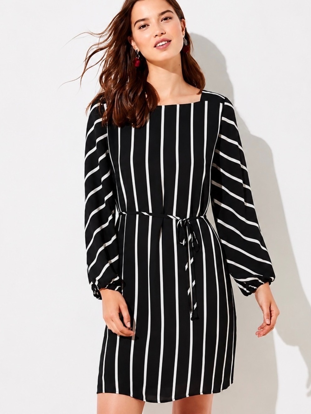 LOFT Black and White Tan Vertical Stripe Long Sleeve Dress XS